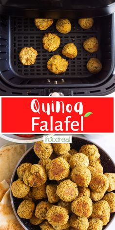 an air fryer filled with falafel next to pita bread