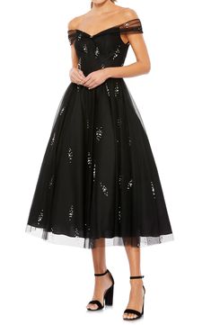 Mac Duggal Off the Shoulder Beaded Chiffon Midi Dress | Nordstrom Short Wedding Guest Dresses, Midi Wedding Guest Dress, Off Shoulder Cocktail Dress, Tulle Cocktail Dress, Midi Gowns, Embellished Midi Dress, Beaded Chiffon, Chiffon Midi Dress, Mac Duggal