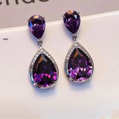 Beautiful Vintage Style Earrings In Dark Purple Zircon 18k Gold Plated Dark Purple Earrings, Purple Jewelry Set, Hoco 2024, Photo Earrings, Black Cowgirl Boots, Winter Palette, Avengers Outfits, Purple Accessories, Cubic Zirconia Hoop Earrings