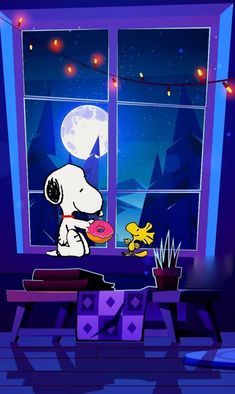 a cartoon dog sitting on a bench in front of a window with the moon outside