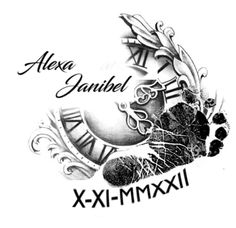 a black and white drawing of a clock with the words alex james xx - mmxiii on it