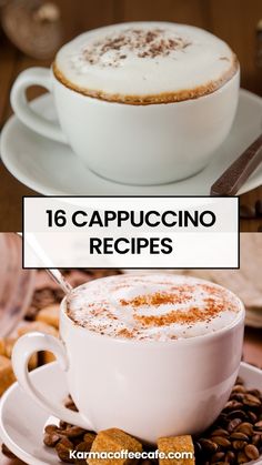 two cups of cappuccino with cinnamon on top and coffee beans in the bottom