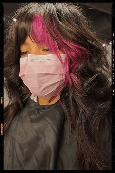 Wolfcut Hair Long With Color, Pop Of Hair Color, Pop Of Purple Hair, Peekaboo Hair Color Curtain Bangs, Brown Hair With A Pop Of Color, Brown Hair With Pops Of Color, Color Block Hair Pink, Short Hair With Color Underneath, Pop Of Pink Hair