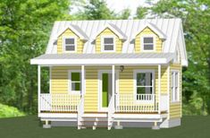 a small yellow house with porches on the front