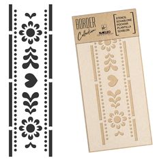 a pair of decorative stencils with flowers and dots on the border are shown next to each other