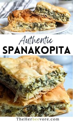 two different views of spinach and cheese pastries on a white plate with text overlay