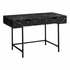 a black marble desk with two drawers on one side and an open drawer on the other