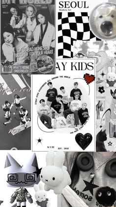 black and white collage with many different things on it, including buttons, magnets, pictures, and other items