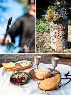 the table is set with bread, grapes and other items for an outdoor wedding reception