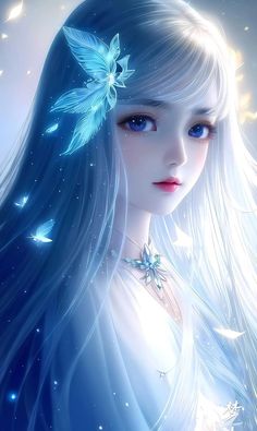 a girl with long white hair and blue eyes wearing a butterfly necklace in the wind