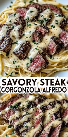 two different pictures of steak with sauce on top and pasta in the bottom, along with text that reads savory steak gorgono la alfredo