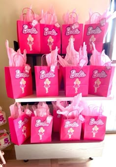 pink bags with barbie's on them are sitting on a shelf