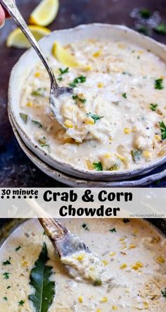 crab and corn chowder in a bowl with a spoon