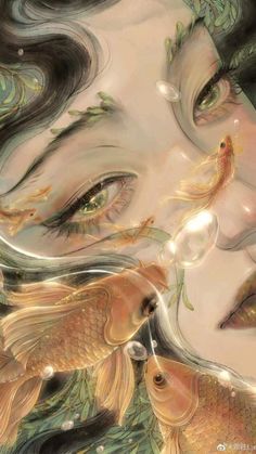 a woman's face with gold fish in her mouth and bubbles coming out of her eyes