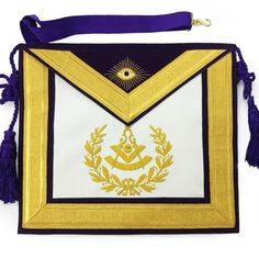 Masonic Past Master Gold & Purple Hand Embroidered Apron - Bricks Masons Emblem Embroidery, Satin Hands, Embroidered Apron, Purple Hands, Handmade Embroidery, Gold Embroidery, White Rhinestone, Purple Leather, Linen Apron