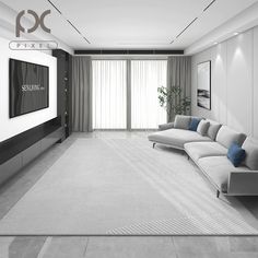 a modern living room with white walls and grey carpeted flooring, large sectional sofa in front of sliding glass doors