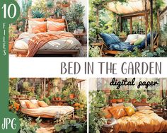 four pictures of different types of beds in the garden with text overlay that reads, bed in the garden digital paper