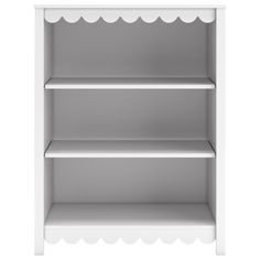 an empty white bookcase with scalloped trim on the top and bottom shelves