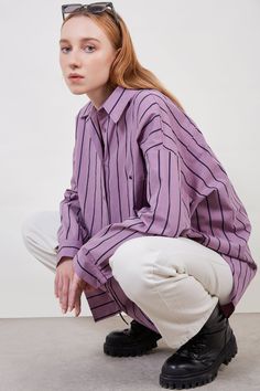 Purple striped oversized shirt_1 Purple Shirt Outfits, Purple Striped Shirt, Oversized Striped Shirt, Tie Front Shirt, London Free, Purple Jacket, Front Tie Shirt, Purple Shirt, Fashion 2024