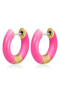 Enhance your ensemble by accessorizing with these timeless hoop earrings that are colored with enamel to make a statement. 0.51" hoop diameter Hinge with snap-post closure Goldtone plate/enamel Imported Neon Pink, Nordstrom Rack, Gold Tones, Hoop Earrings, Nordstrom, Neon, Pink, Color