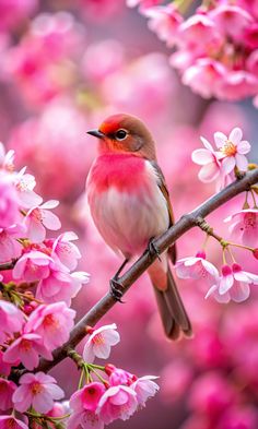 a bird is sitting on a branch with pink flowers