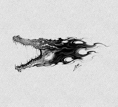 a black and white drawing of a dragon's head with flames coming out of it