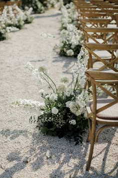 rows of chairs lined up with flowers on the ground next to each other in front of them