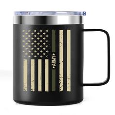 a black mug with an american flag on it