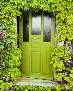 a green door surrounded by vines and flowers