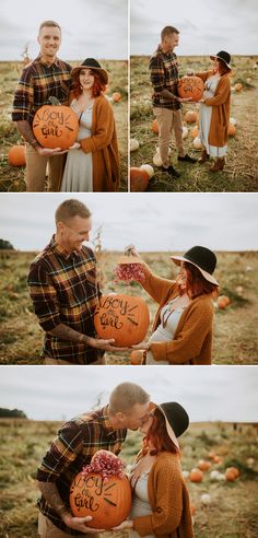 a man and woman holding pumpkins in their hands