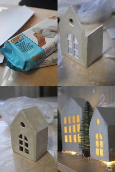 three pictures of small houses made out of paper and plastic wrappers with lights on them