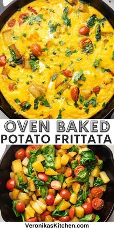 Top photo: Frittata with potatoes, tomatoes, and spinach in a skillet. Bottom photo: Seared potatoes, cherry tomatoes, and spinach in a skillet. Spinach Potato Frittata, Potato Tomato Recipe, Oven Frittata, Frittata Breakfast, Potato Frittata Recipes, Oven Baked Potato, Recipe For A Crowd