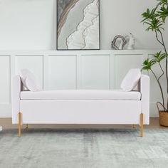 a living room with a white couch and potted plant on the floor next to it