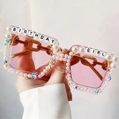 Birthday Girl Pink Glasses. Brand New Boutique Item! Size: Osfm Color: Pink & Gold “Birthday Girl” | Pink Frames | White Beads | Chain Look Detail Pink Gold Birthday, Girl Sunglasses, Pink Glasses, Beads Chain, Pink Frames, Girl With Sunglasses, Gold Birthday, White Beads, Birthday Girl