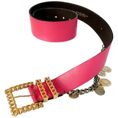 1980s Fucsia Elizabeth Arden leather wide belt with a gold tone chain adorned with polished coins. Leather Wide Belt, Coin Belt, 1980's Fashion, Wide Leather Belt, 1980s Fashion, Elizabeth Arden, Wide Belt, Fashion Books, Knee High Boots