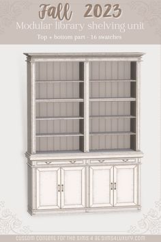 a white bookcase with two doors and drawers on top, next to the text fall 2012 modular library shelving unit