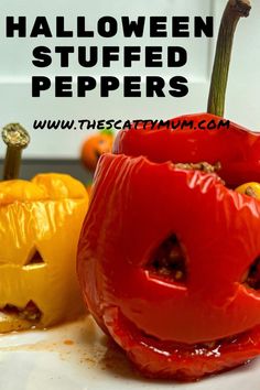 halloween stuffed peppers on a white plate