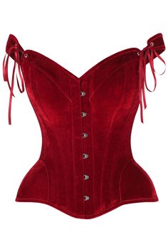 Fullbust corset made of premium velvet fabric Front Busk Closure Sweetheart Neckline Adjustable Straps 6" Modesty Panel Spiral Steel Bones throughout body of corset Flat steel bones at front and back Ribbon lace-up back for cinching Waist Tape Hand Wash Christmas Corset Outfit, Red Corset Aesthetic, Velvet Corset Outfit, Red Velvet Blouse Designs, Red Heart Clothes, Fire Corset, Red Top Aesthetic, Dark Red Clothes, Types Of Corsets