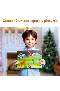 a little boy holding up a book with dinosaurs on it and the title create 10 unique, sparkly pictures