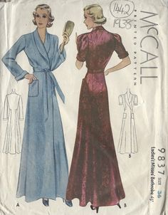 ~ Circa/Date: 1938 ~ Details:   BATHROBE or DRESSING GOWN ~ Size/Measurements (Inches):     ~ Size:  36    ~ BUST: 36″     ~ Waist: 30″      ~ Hip: 39″  ~ Please Note: ~ You are buying a 'Professional Reproduced' copy of this sewing pattern. Copied from the original sewing pattern. Produced in Full Scale Pattern Pieces ready to cut with full instructions included. Reproduced on high quality 50 gm paper with black ink, durable and easier for reuse. Printed by a Professional Printing Company.   ~ With this product comes an accompanying 'Booklet' and inside the Booklet it includes: ~ A 2-page Instructions and Illustrations on 'How to Adjust Your pattern to your Personal Measurement.' ~ Personal Measurement Chart ~ Body Form Illustrations ~ Fitting Checklist ~ Metric Equivalency Chart ~ Note P Dressing Gown Pattern, Blithe Spirit, Lingerie Patterns, Gown Pattern, Vogue Sewing, Vogue Sewing Patterns, 1930s Fashion, Couture Vintage, Dressing Gown