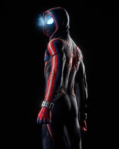 the spider - man suit is shown in front of a black background with red and blue stripes