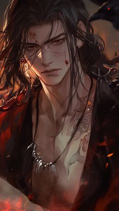 an anime character with long hair and piercings on his chest, holding a knife