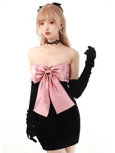 Satin Big Bow Tube Top Tight Dress – Belchic Character Clothes, Female Pose, Clothing Reference, Drawing Things, Style Kawaii, Tube Top Dress, Y2k Outfits, White Bow