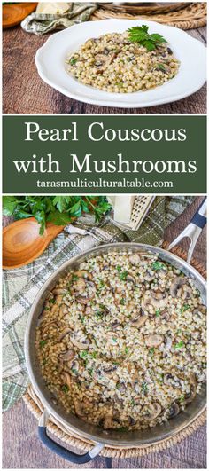 pearl couscous with mushrooms and parsley in a pan