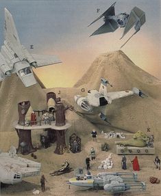 an advertisement for star wars is shown in the desert with various vehicles and people around it