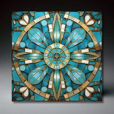 an art nouveau stained glass panel in blue and gold