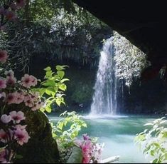 there is a waterfall in the middle of some trees and flowers on the side of the water