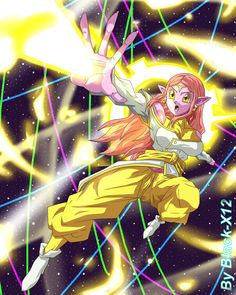 an anime character flying through the air with her arms out in front of stars and lines