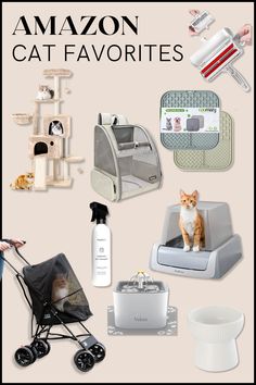 Cat products from amazon including litter box, chom chom, cat tree, back pack, water fountain, raised food bowl, stroller, and waterless shampoo. Cats Needs List, Cat Neccesities, Cool Cat Accessories, Cats Things Products, Cat Finds On Amazon, Best Cat Accessories, Cat Owner Essentials, Everything You Need For A Cat, Cute Cat Accessories For Cats