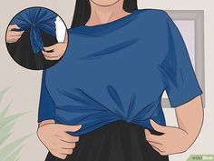 a woman wearing a blue shirt and black skirt